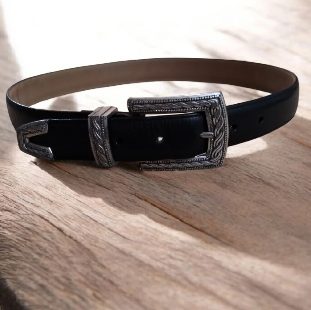 Brighton Black Leather Belt with Decorative Silver Buckle S